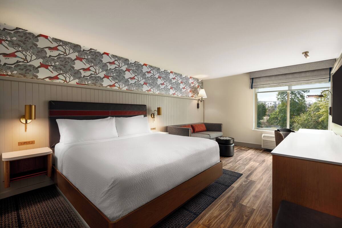 A modern hotel room with a large bed, a sofa, a desk, and a view of the outdoors.