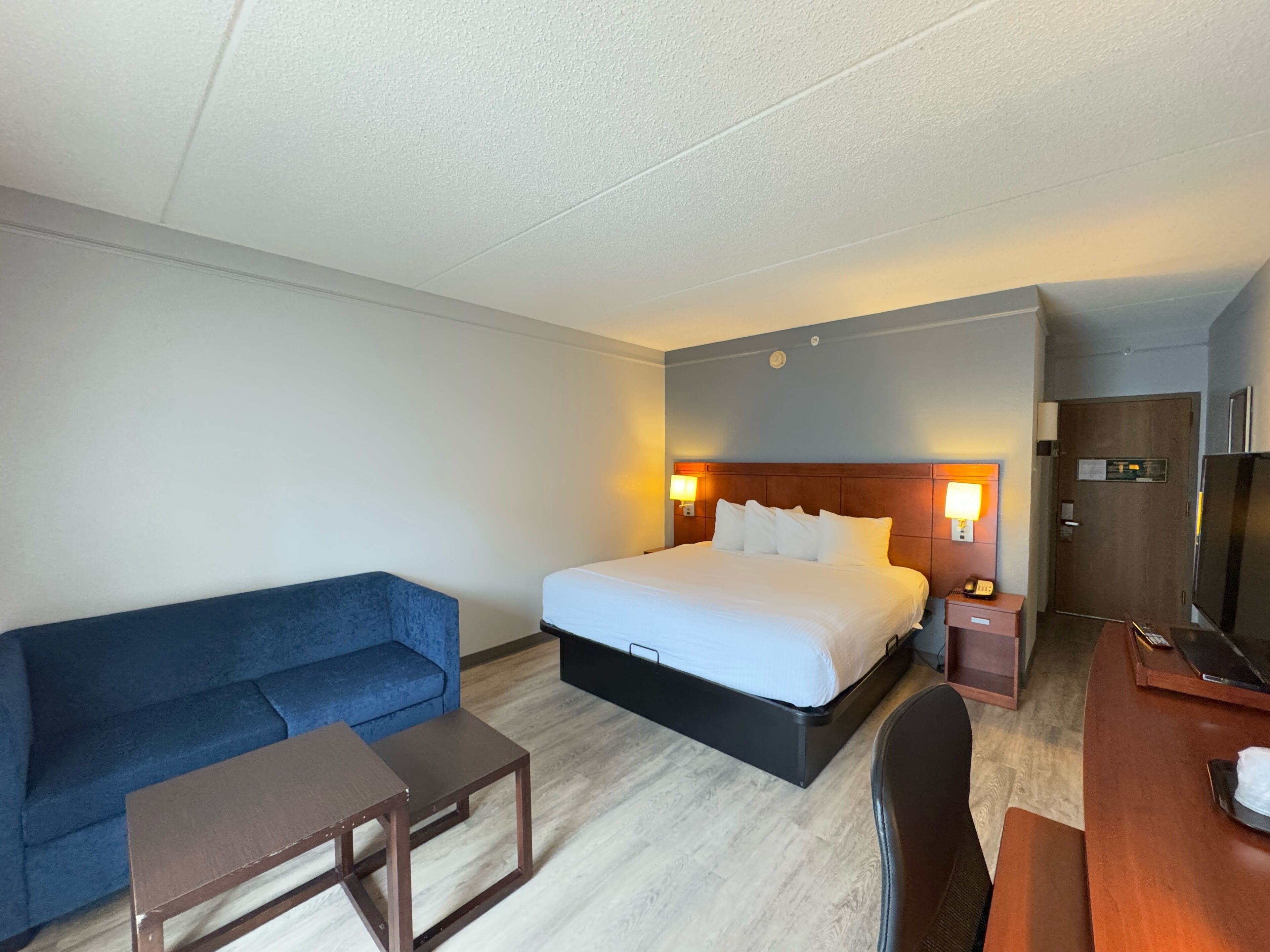 A hotel room with a bed, a blue sofa, a small table, a desk, and a TV.