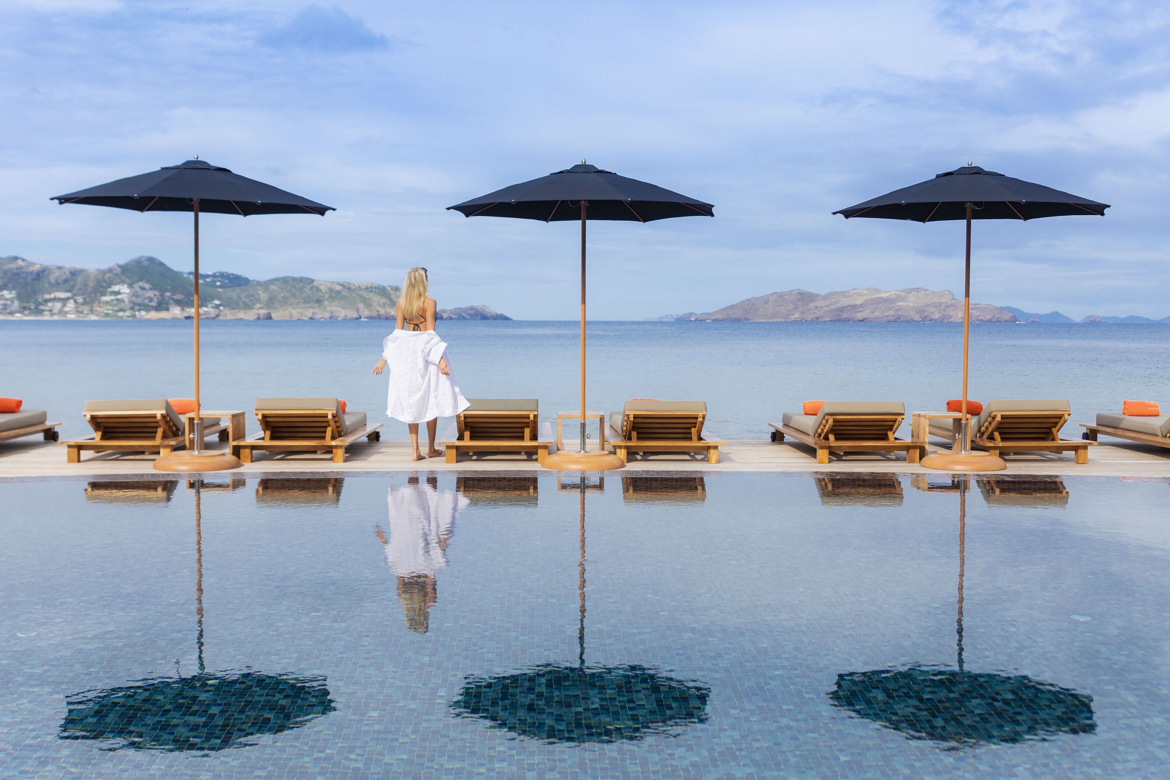 Outdoor pool, pool umbrellas, pool loungers