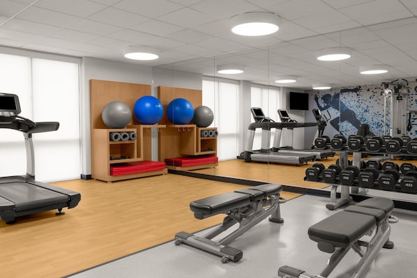 Un gimnasio con cintas de correr, bancos de pesas y una pared de pelotas de ejercicio.