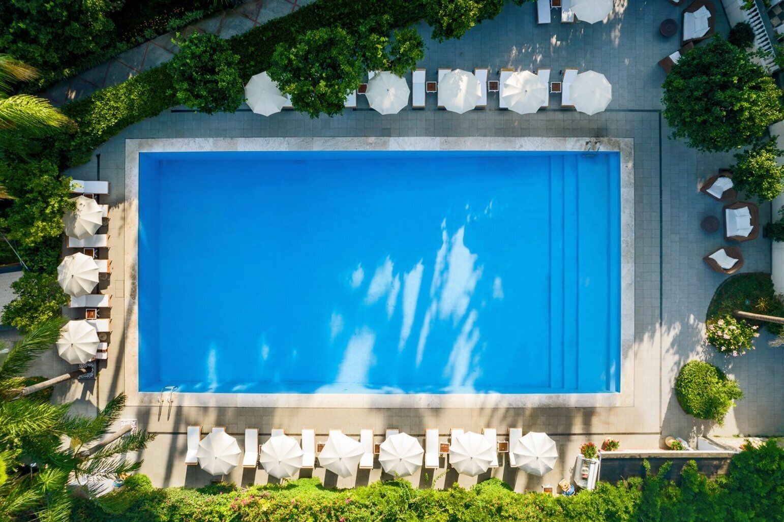 Une vue aérienne d’une piscine rectangulaire entourée de chaises longues et de parasols blancs, avec une végétation luxuriante et des arbres tout autour.