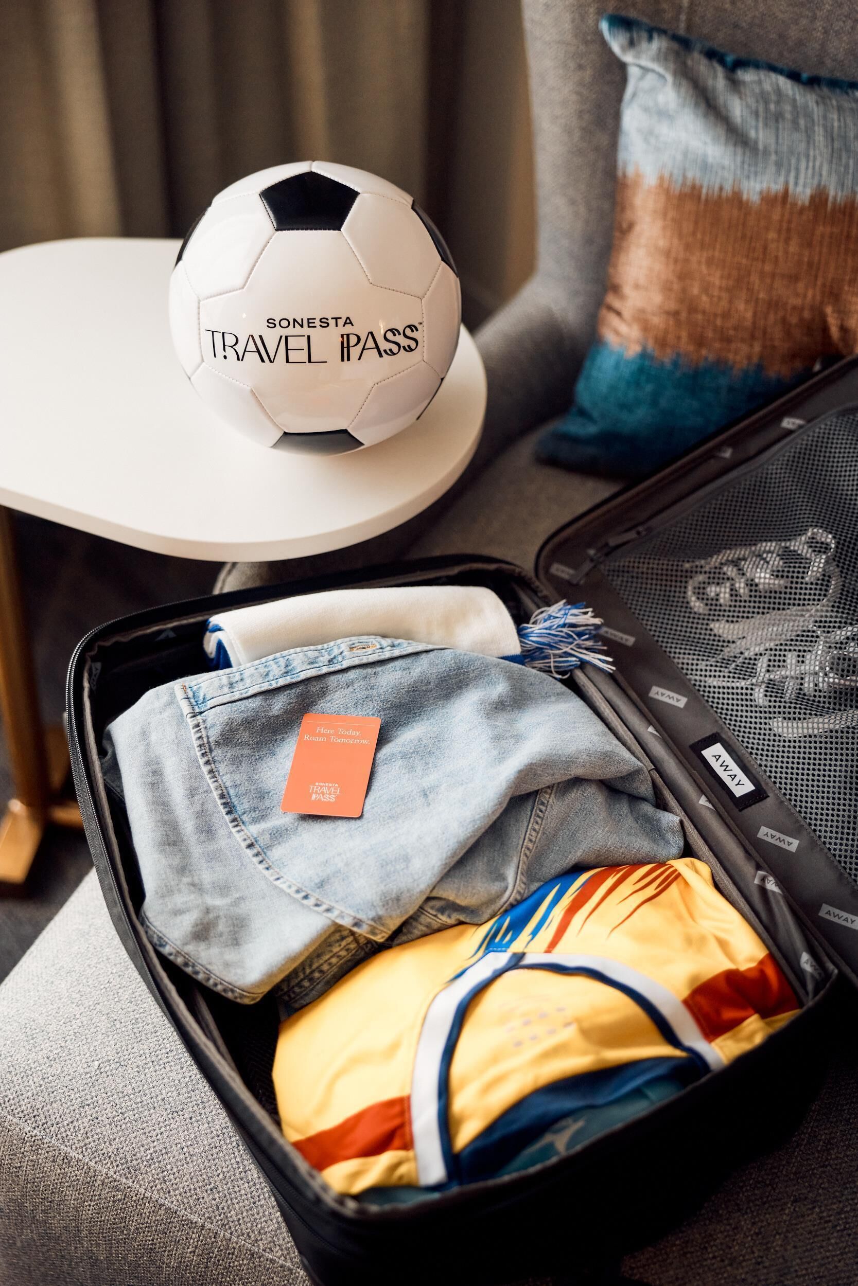 A suitcase with a travel pass and a backpack, a pillow, and a wall-mounted item.