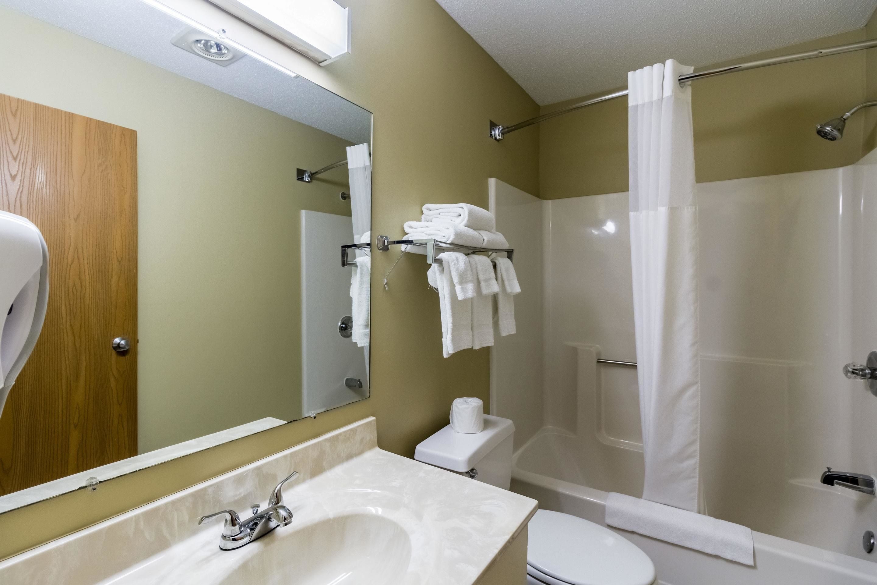 combined shower/bathtub, free toiletries, hair dryer, towels