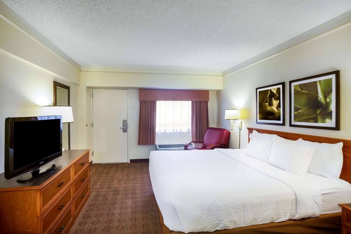 Una habitación de hotel con una cama grande, un televisor sobre una cómoda de madera, una silla roja y dos cuadros en la pared.