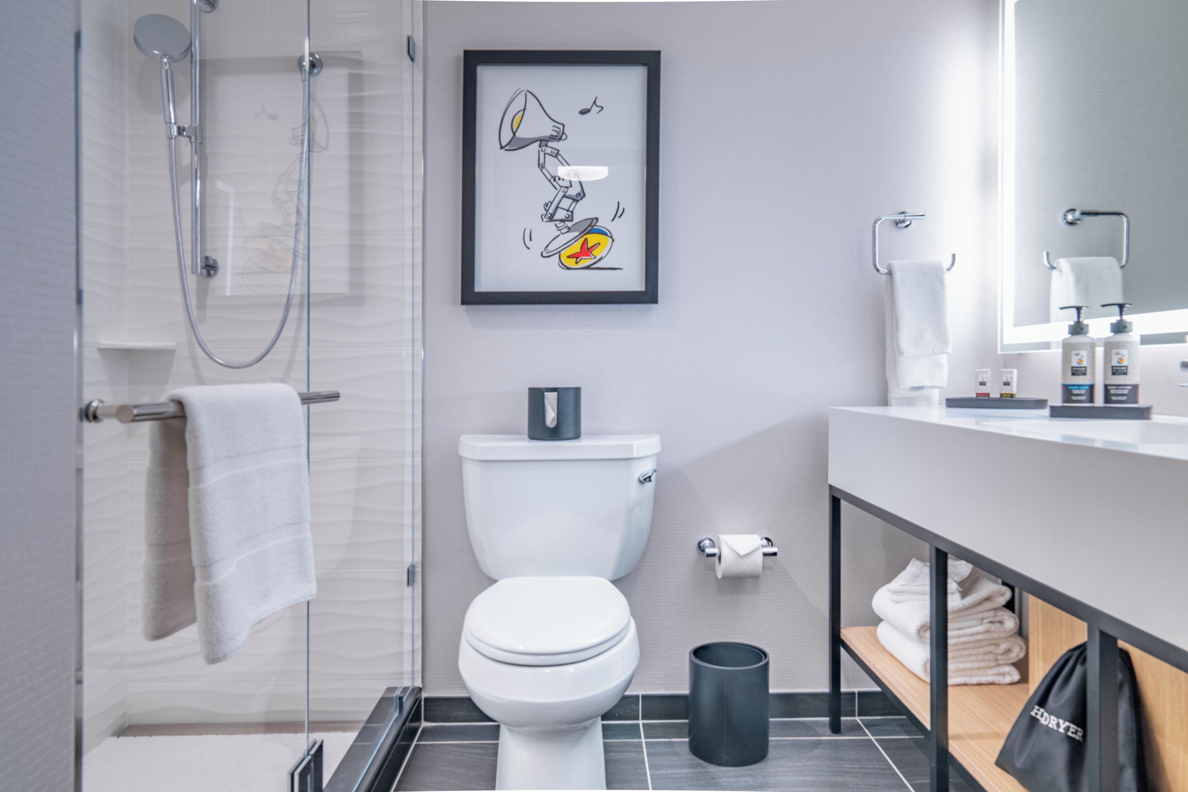 combined shower/bathtub, free toiletries, hair dryer, towels