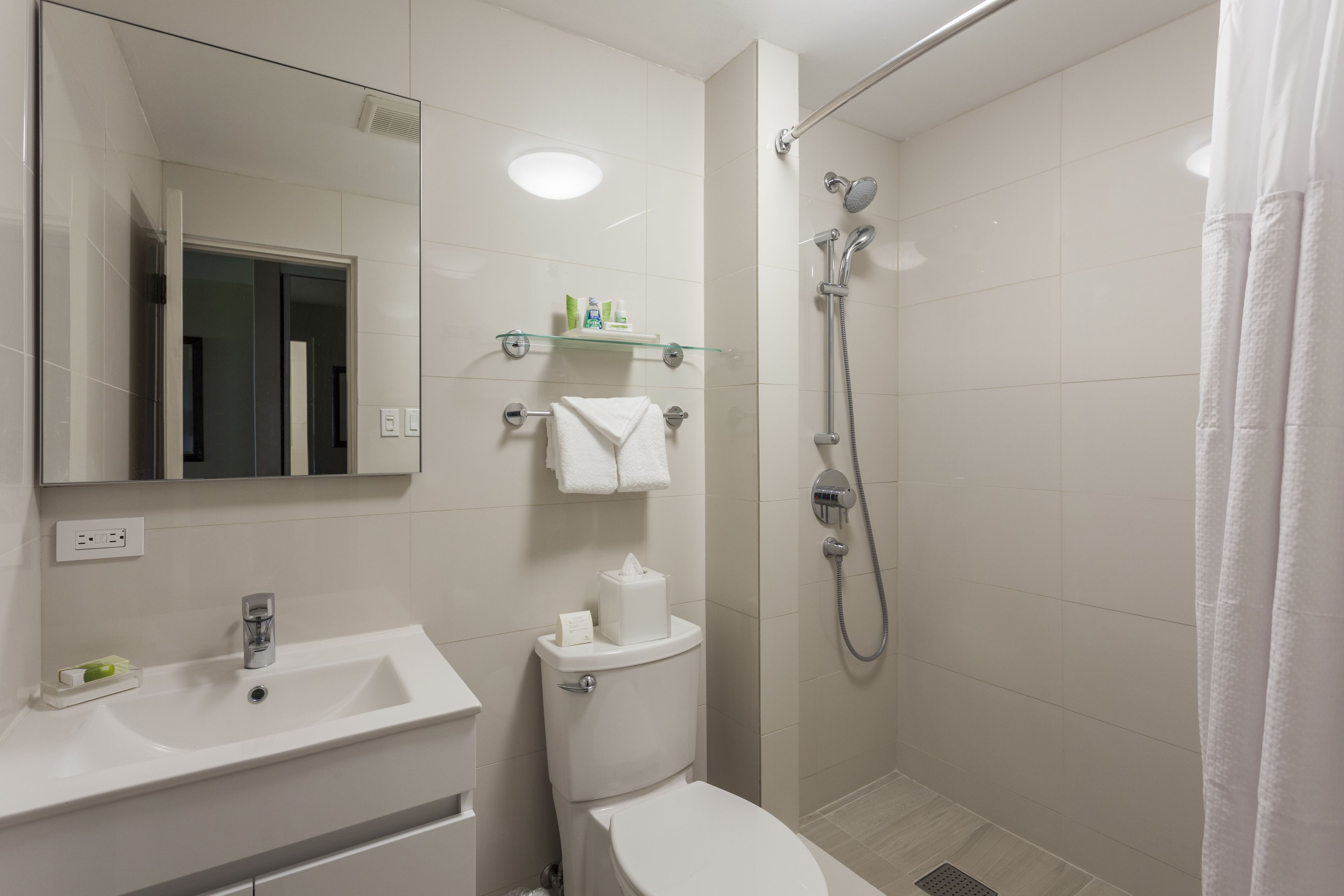 shower, free toiletries, hair dryer, towels