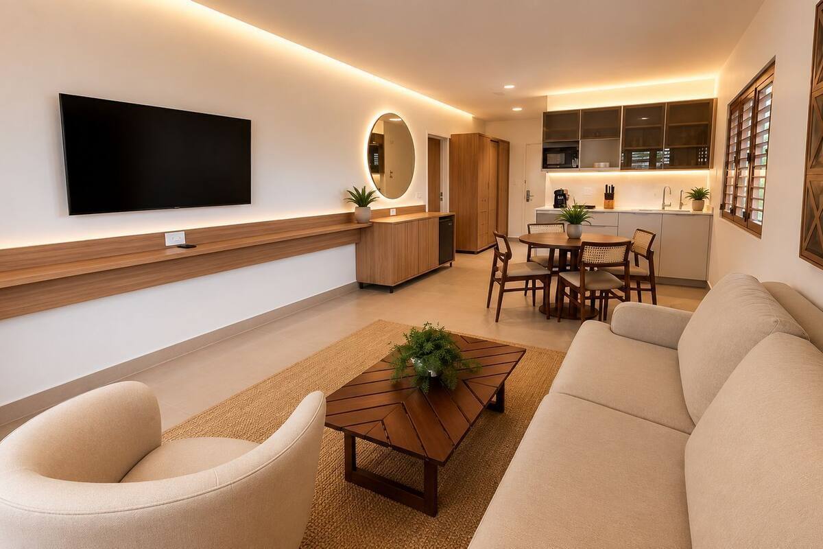 Ein modernes Wohnzimmer mit Sofa, Sessel, Couchtisch, Fernseher und Küchenzeile.