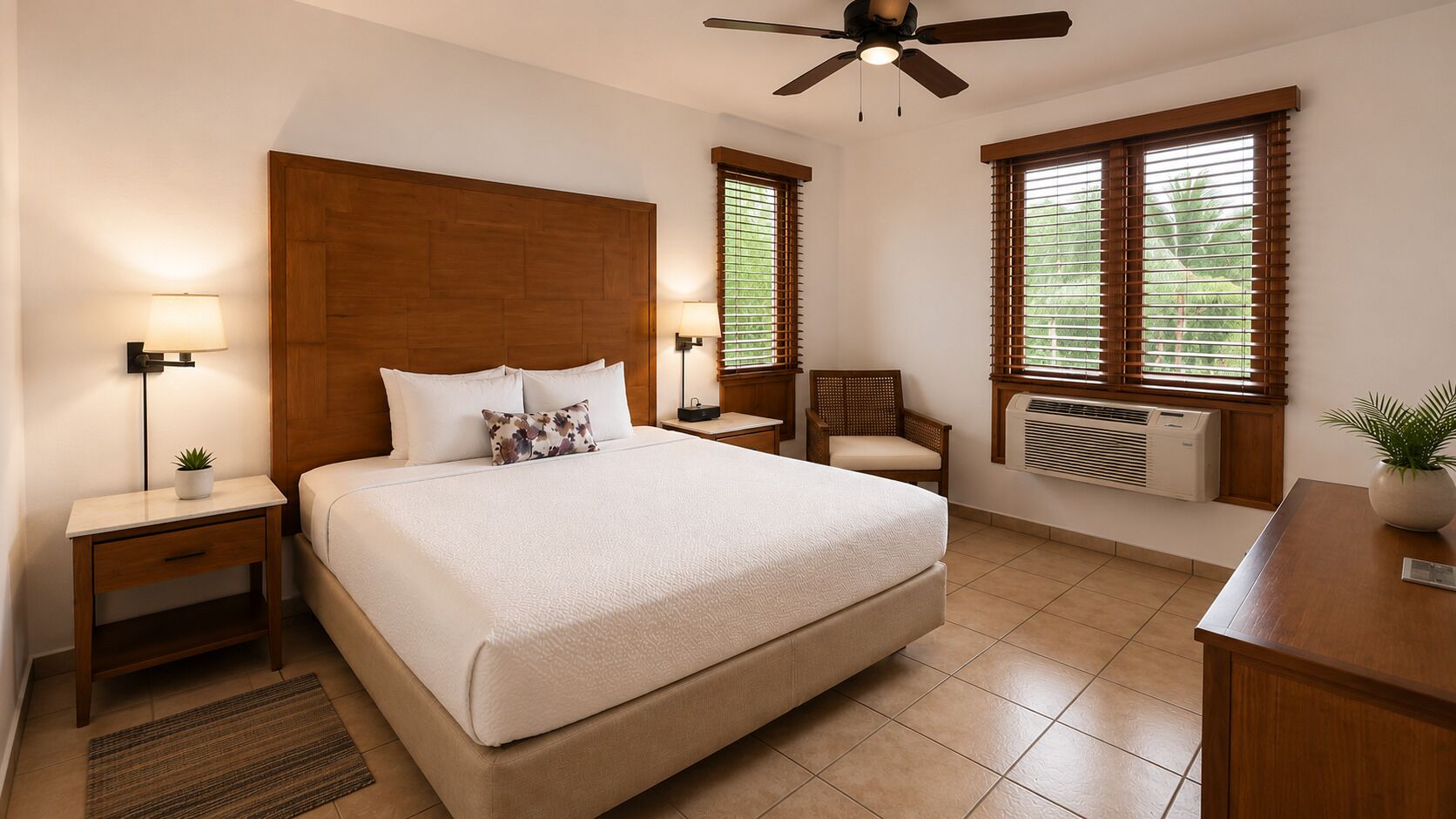 A hotel room with a large bed, wooden headboard, two bedside tables with lamps, a chair, a desk, and a ceiling fan.