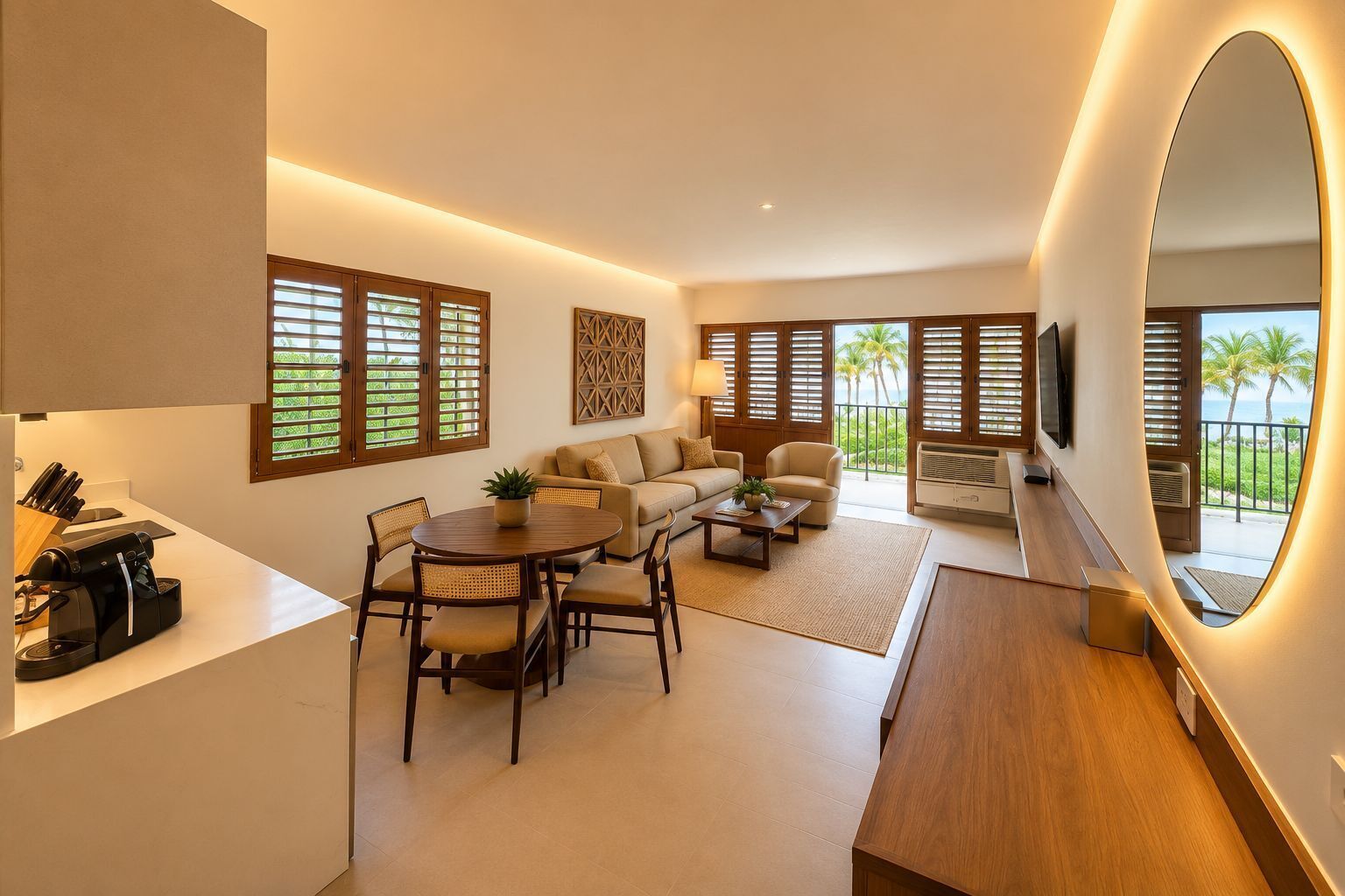 A modern living room with a dining area, large windows with blinds, a flat-screen TV mounted on the wall, and a view of palm trees and the ocean.