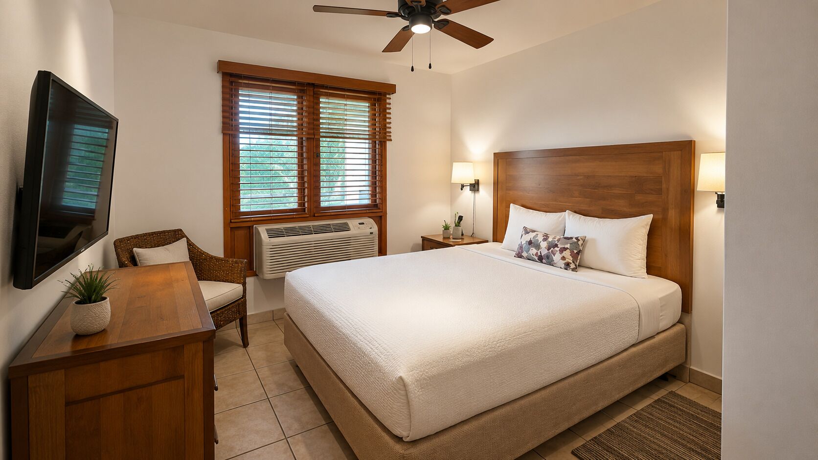 Un dormitorio con cama, televisor, silla, ventana con persianas, ventilador de techo y mesita de noche con lámpara.