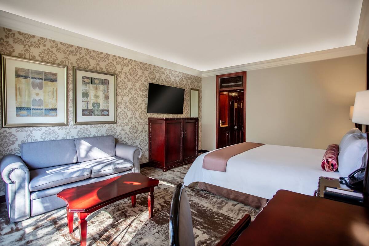 Une chambre d’hôtel avec un canapé, un lit, une télévision et une armoire.