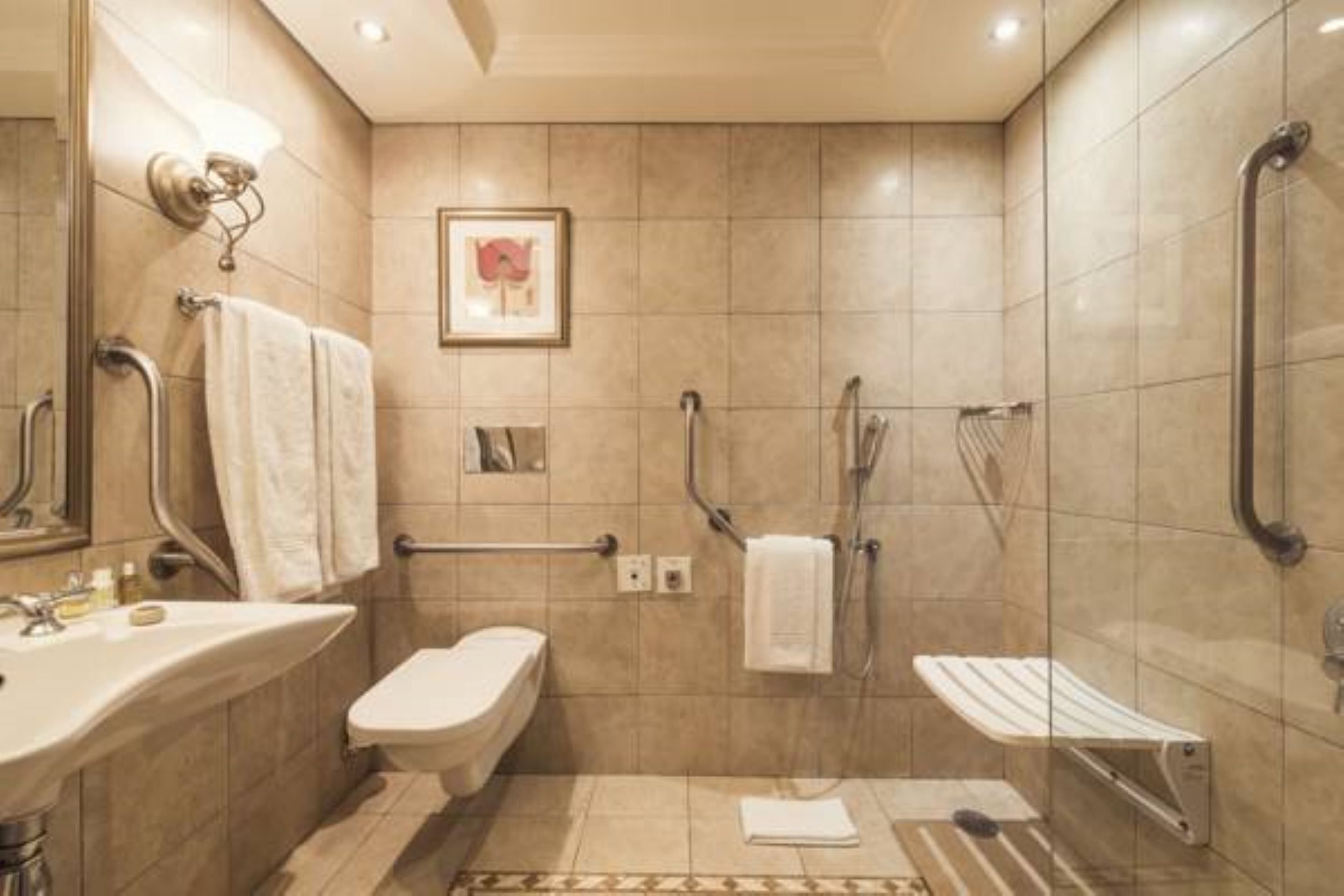 Ein modernes Badezimmer mit Waschbecken, Toilette, Dusche und Haltegriffen.