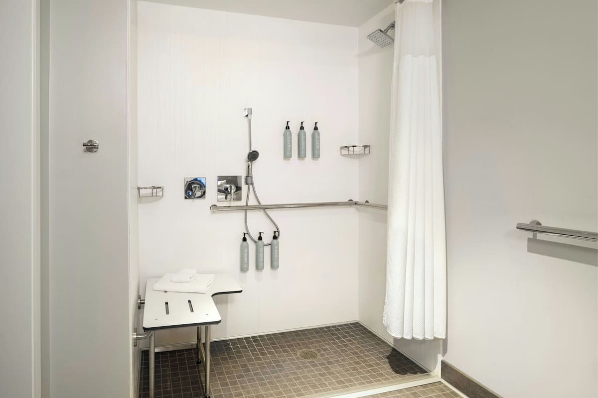 Room, 1 King Bed, Non Smoking (Mobility/Hearing Access, Roll-In Shwr) | Bathroom | Free toiletries, hair dryer, towels