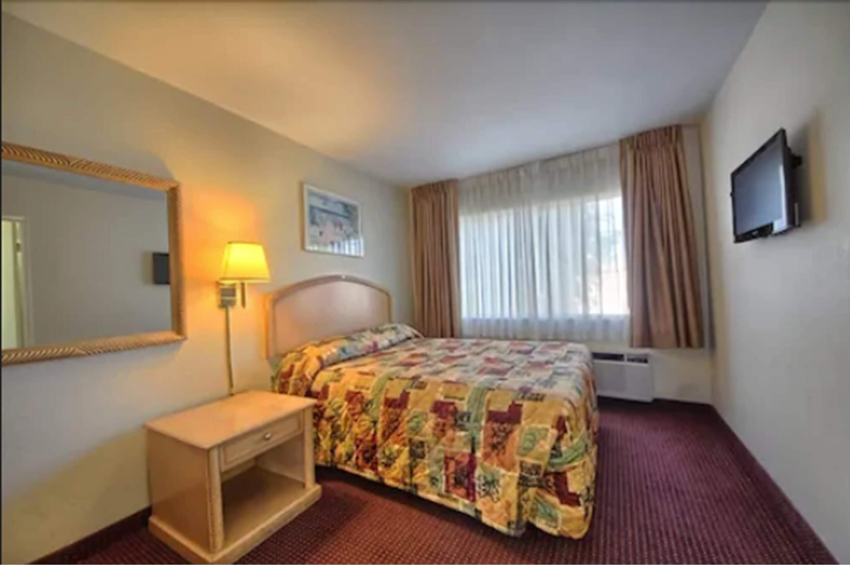 A hotel room with a bed, a bedside table, a lamp, a TV, and a window with curtains.