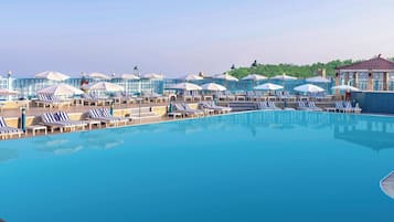 Outdoor pool, open 9:00 AM to 6:00 PM, pool umbrellas, pool loungers