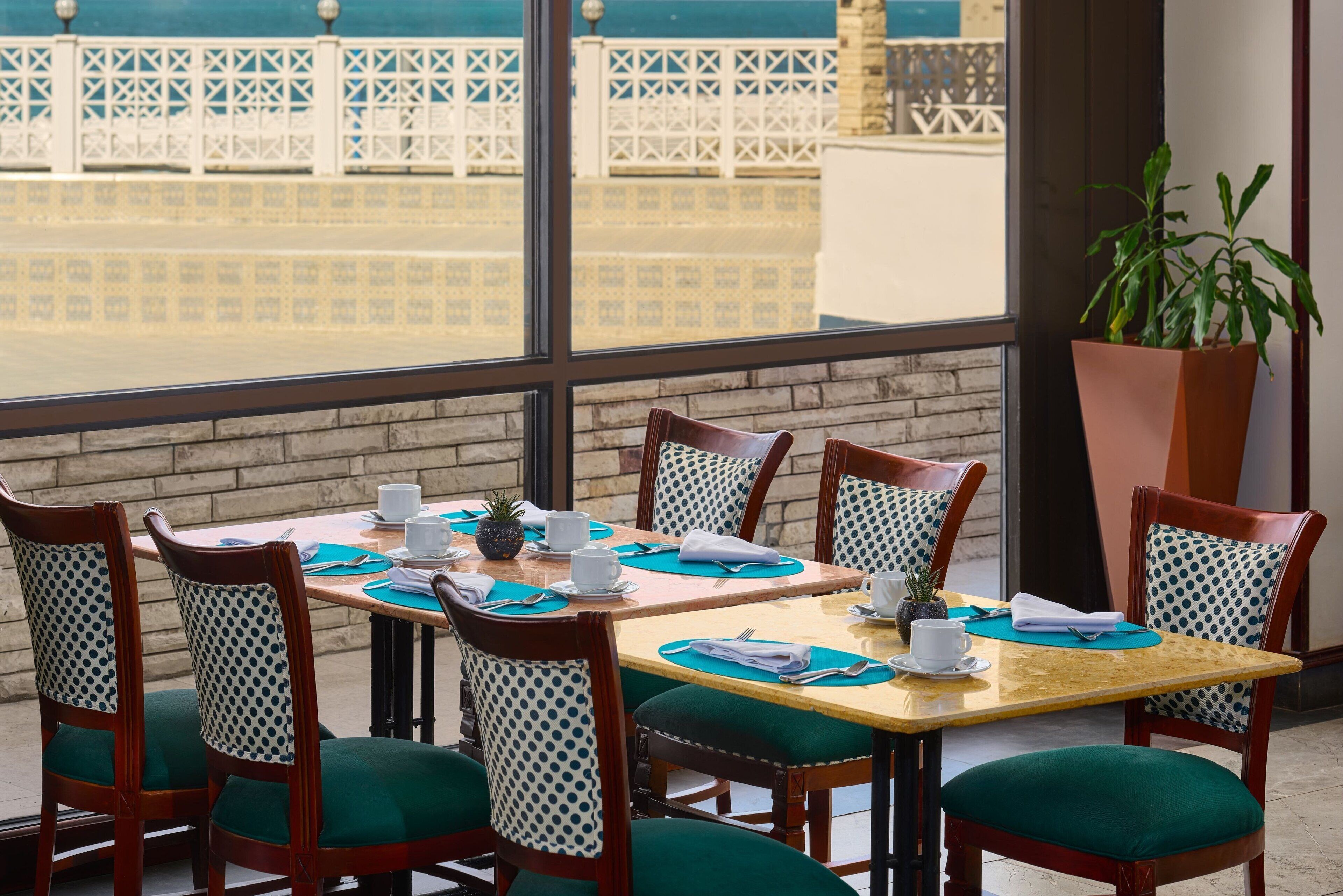 Un comedor con vista a una cerca blanca y edificios. Hay seis sillas de madera con cojines verdes y cojines blancos con lunares. La mesa está servida con tazas, platillos y una piña.