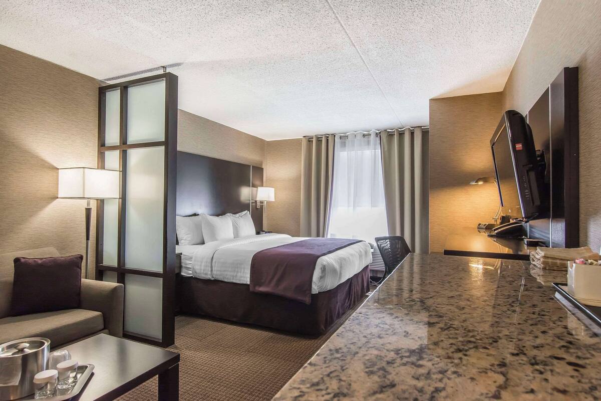 A hotel room with a bed, a desk, a TV, and a window with curtains.