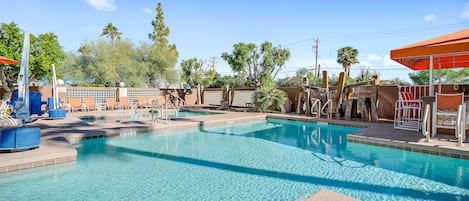 Outdoor pool, a heated pool, sun loungers