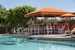 Outdoor pool, a heated pool, sun loungers