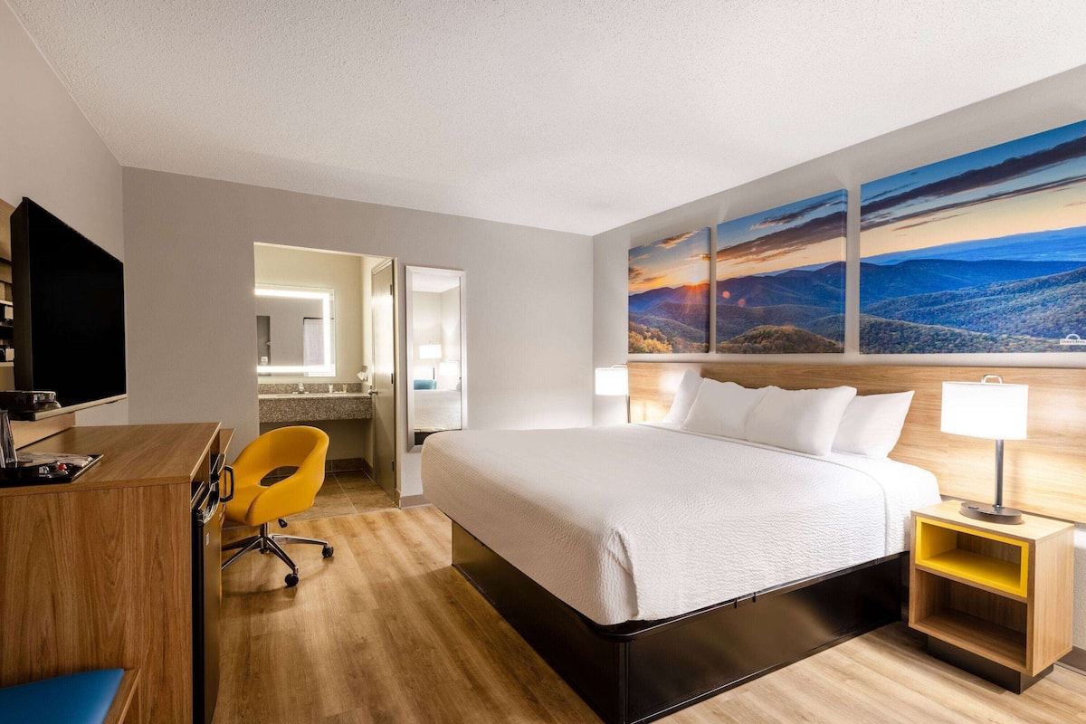 Ein Hotelzimmer mit einem großen Bett, einem Schreibtisch mit Stuhl, einem Fernseher und einem Landschaftsbild an der Wand.