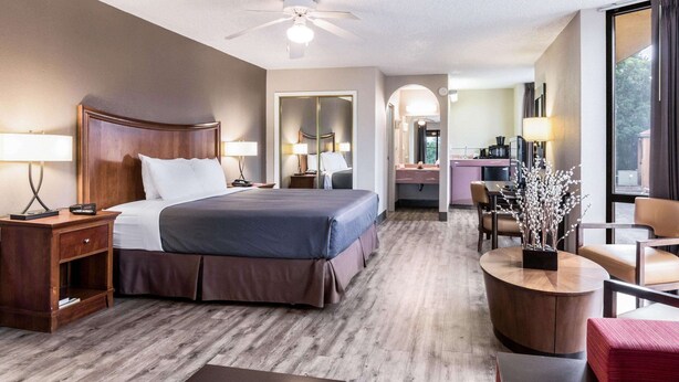 A hotel room with a large bed, a desk, a chair, a round table with a vase, and a ceiling fan.