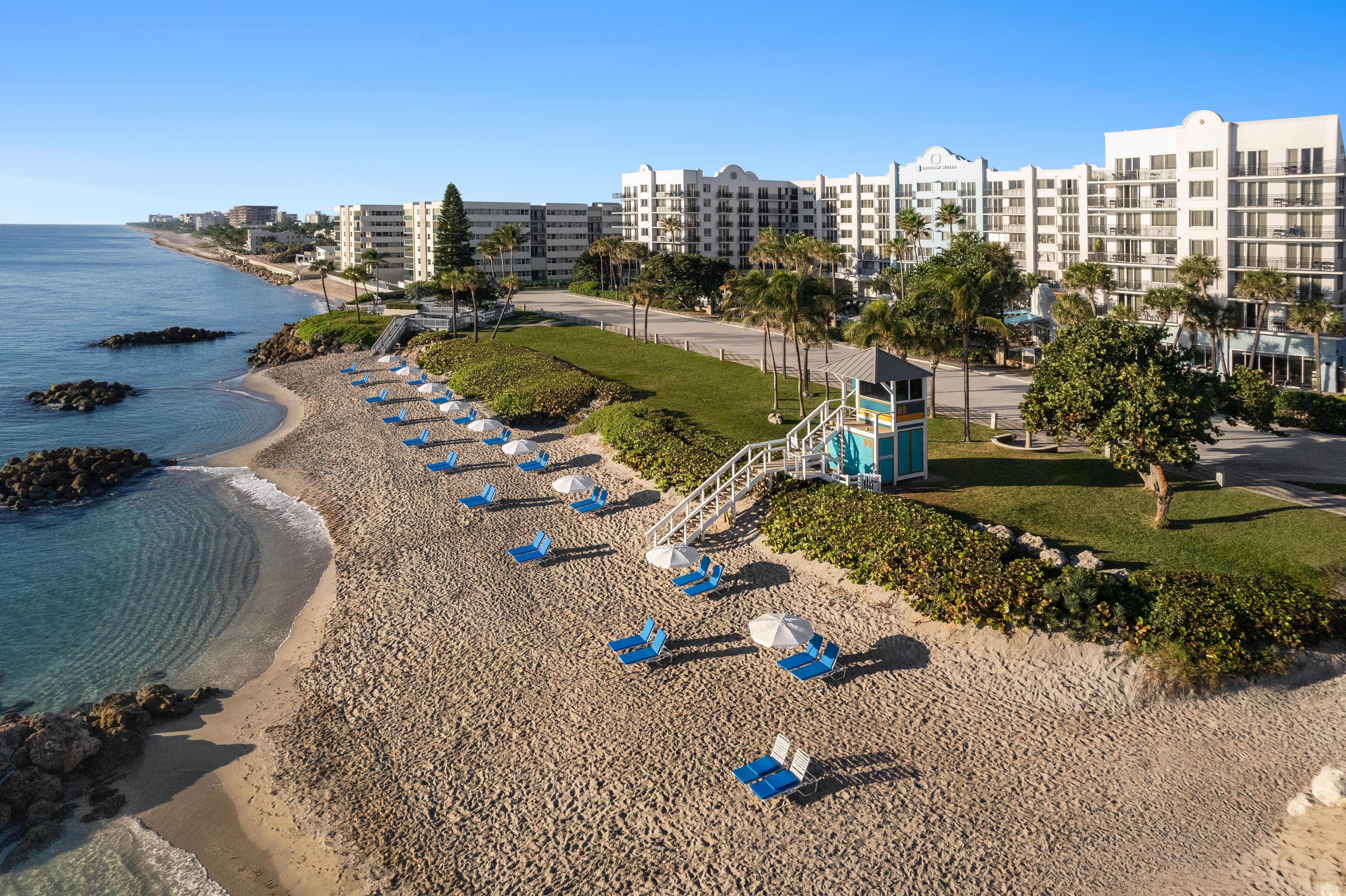 Una playa con hileras de sillas azules y sombrillas, una torre de salvavidas y edificios de hotel al fondo.