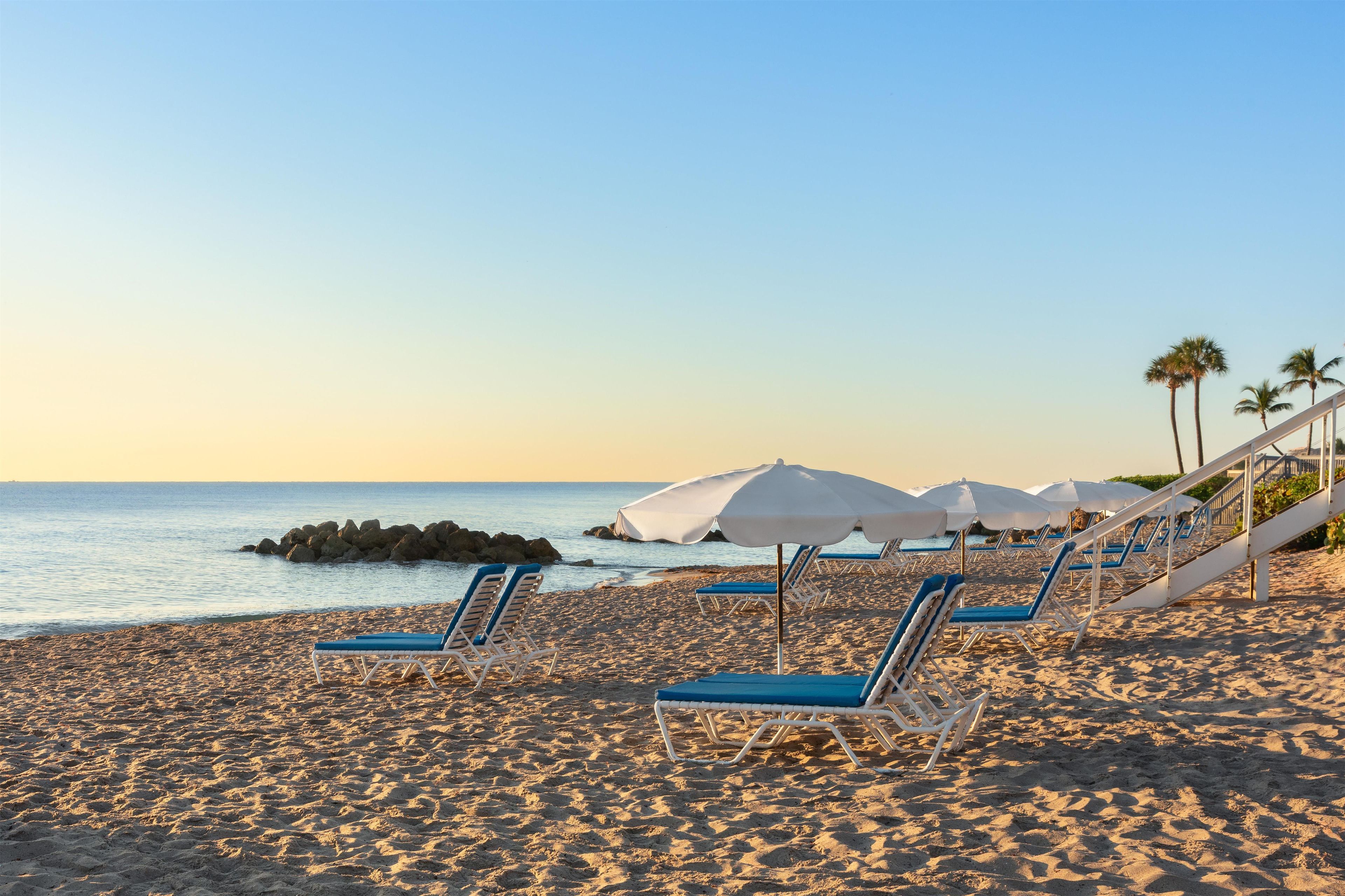 A beach with rows of sun loungers and umbrellas, a staircase leading down to the beach, and palm trees in the background.