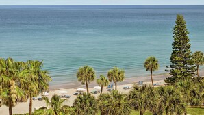 Una playa con palmeras y sillas de playa.