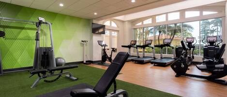 Un gimnasio con equipo de ejercicio, paredes verdes y ventanas amplias.