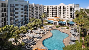 Outdoor pool, pool umbrellas, pool loungers