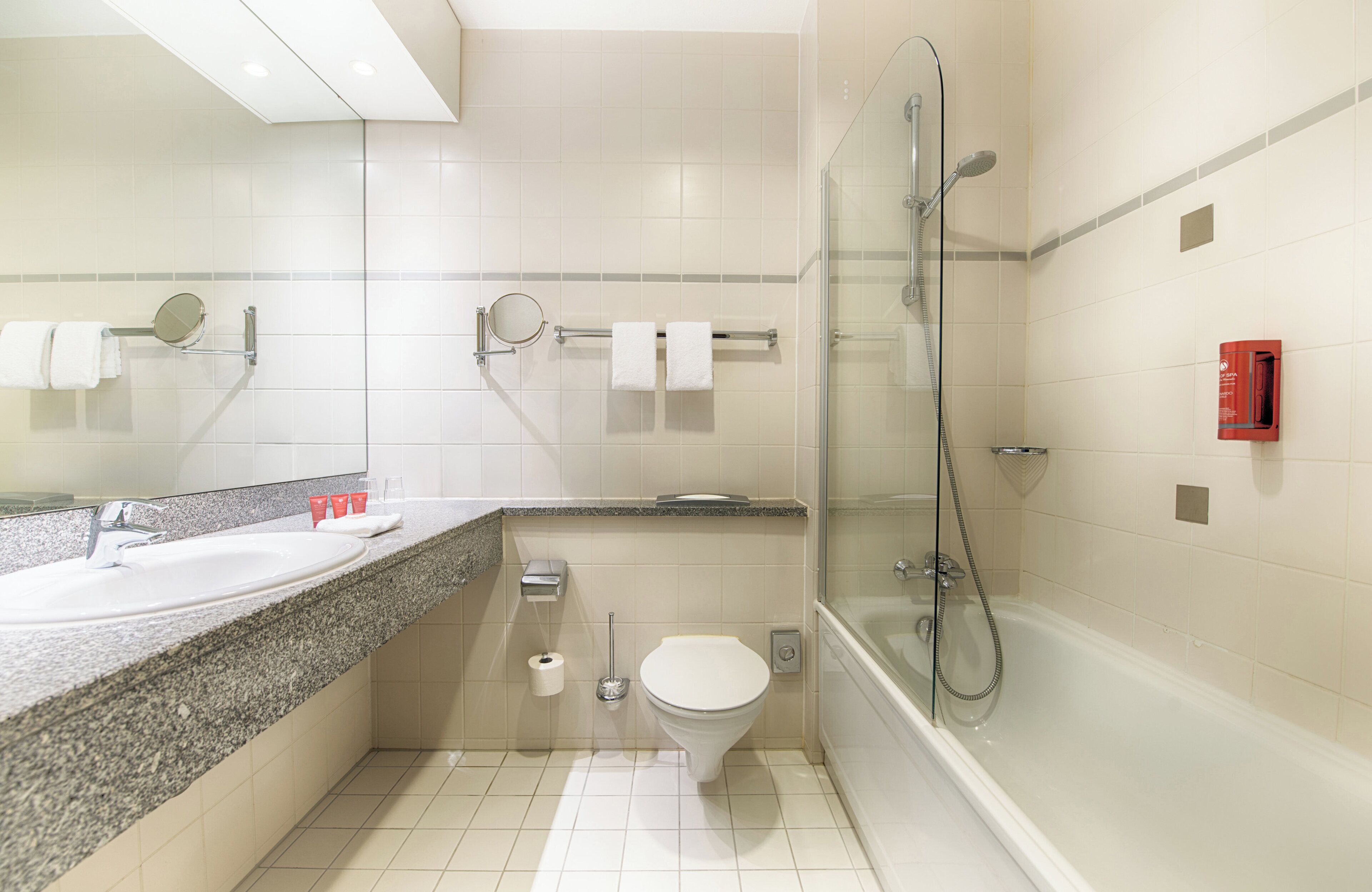 eco-friendly toiletries, hair dryer, towels