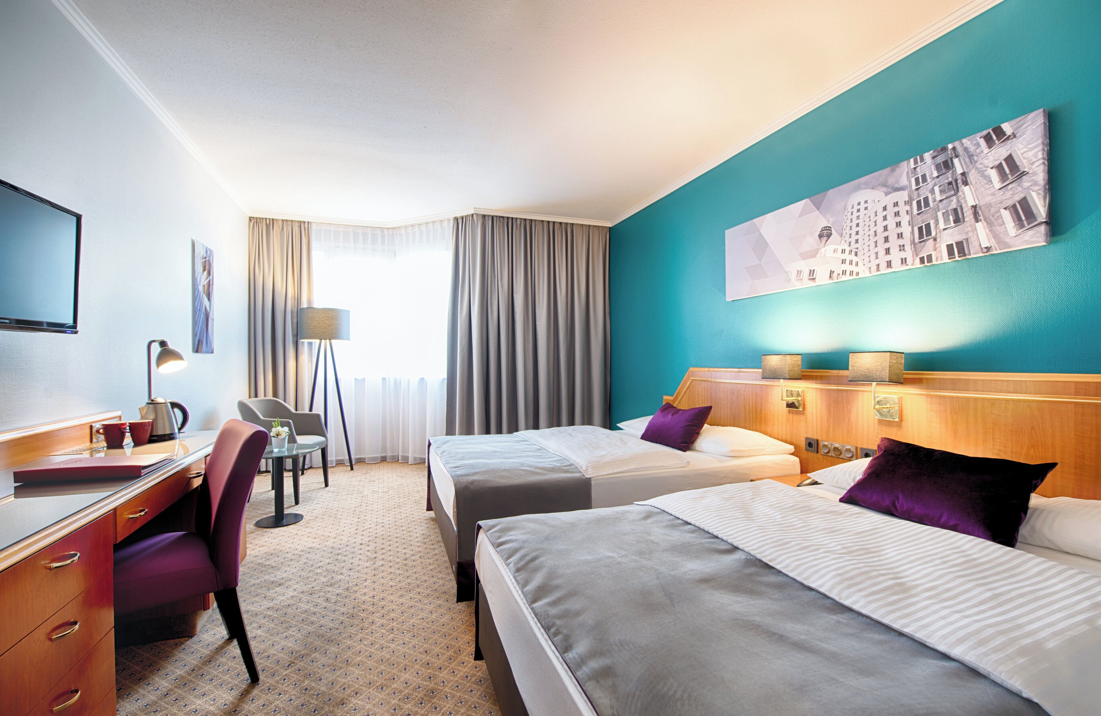 minibar, desk, laptop workspace, blackout curtains