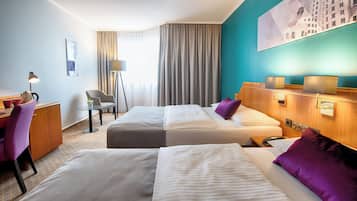 Minibar, desk, laptop workspace, blackout curtains