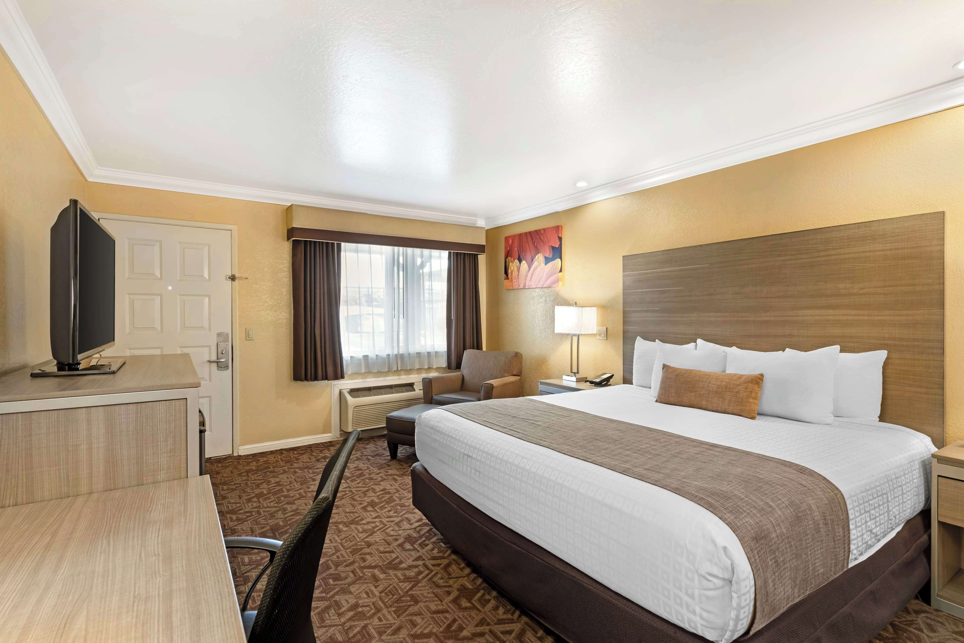 A hotel room with a large bed, a desk with a flat-screen TV, a chair, a lamp, and a window with curtains.