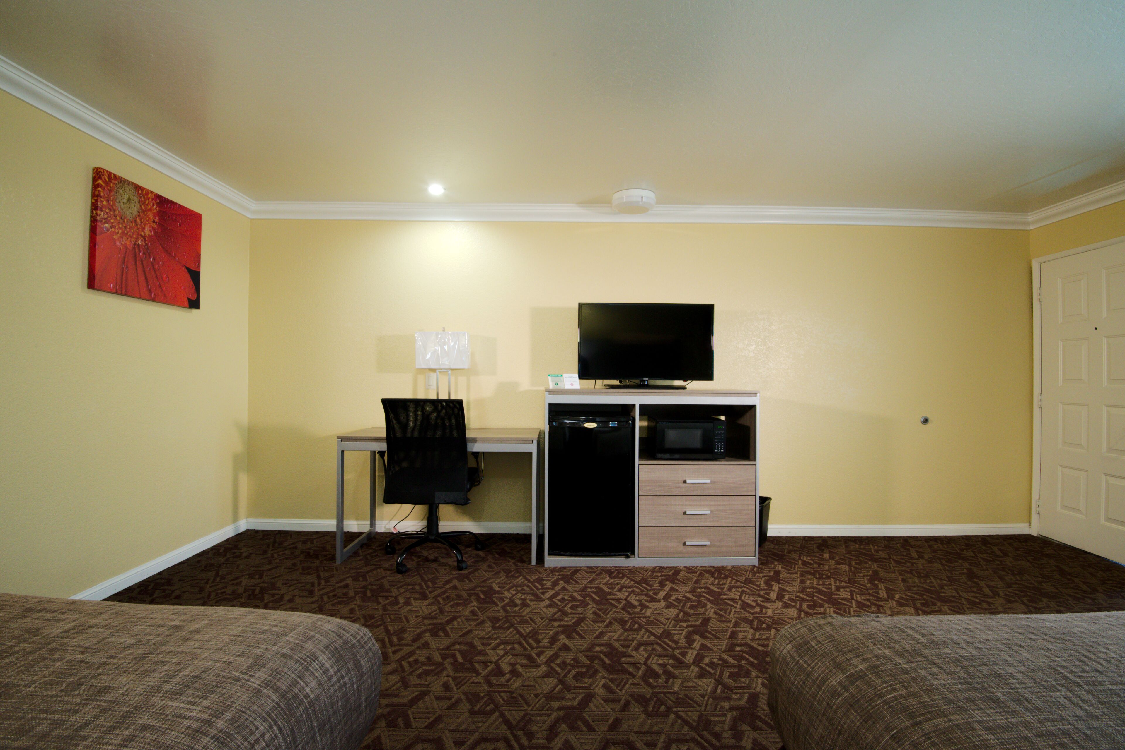 A room with a bed, a desk with a computer, a TV, and a microwave.