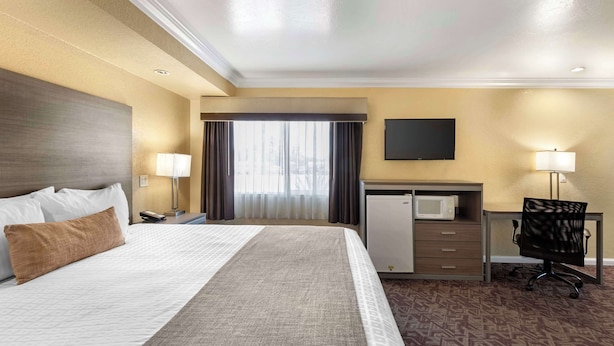 A hotel room with a large bed, a desk with a computer, a flat-screen TV, and a microwave. - Best Western Hanford Inn (Hanford)