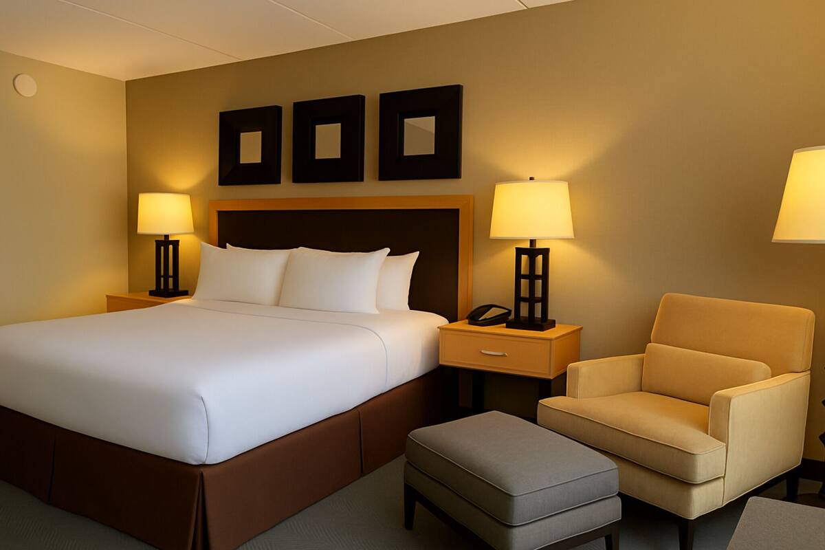 A hotel room with a large bed, two bedside tables with lamps, a chair, and an ottoman.