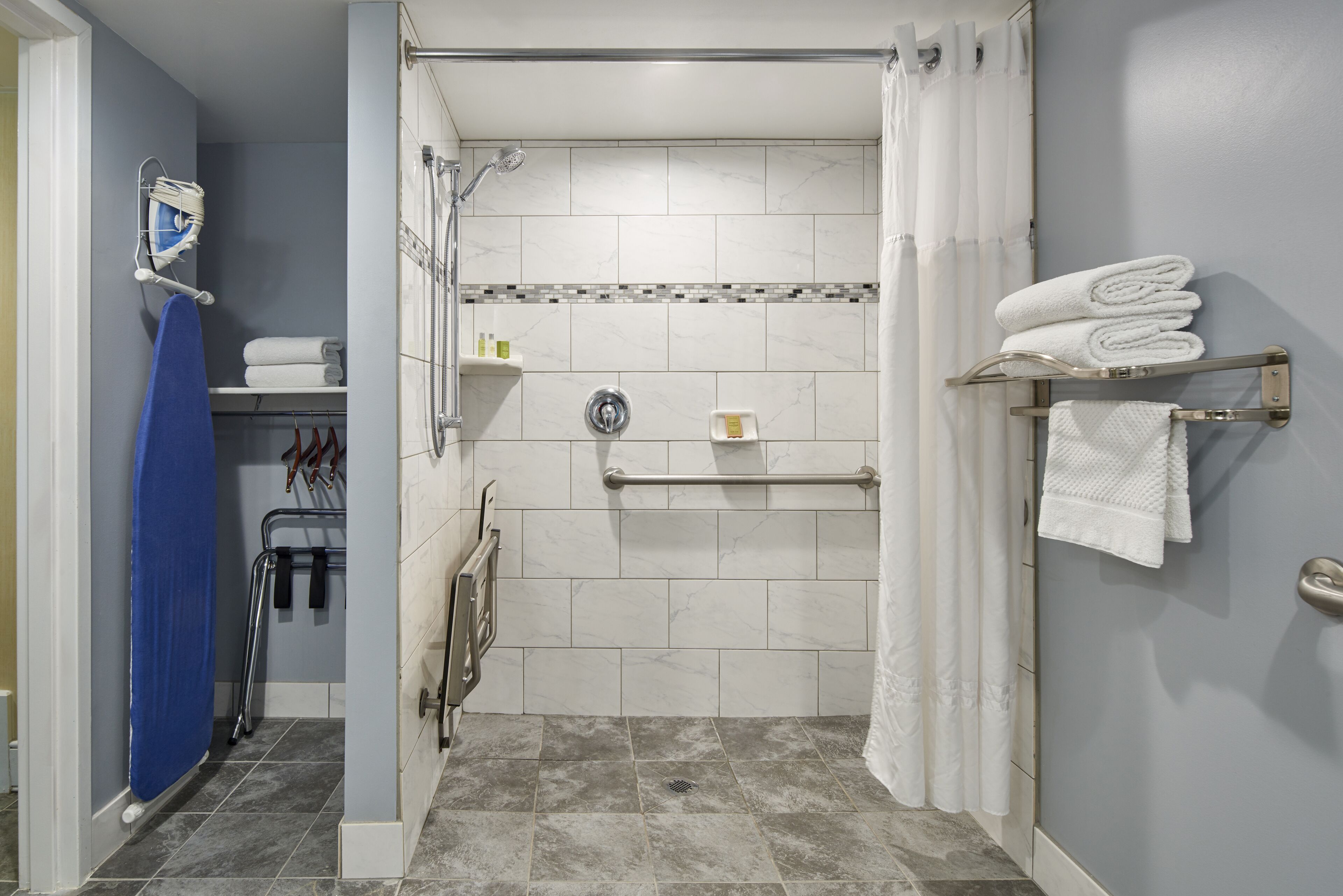 eco-friendly toiletries, hair dryer, towels