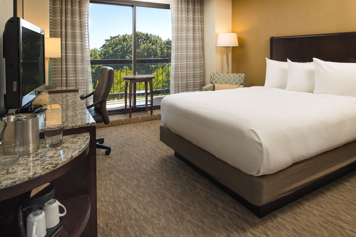 A hotel room with a large bed, a desk with a television, and a view of the outdoors.