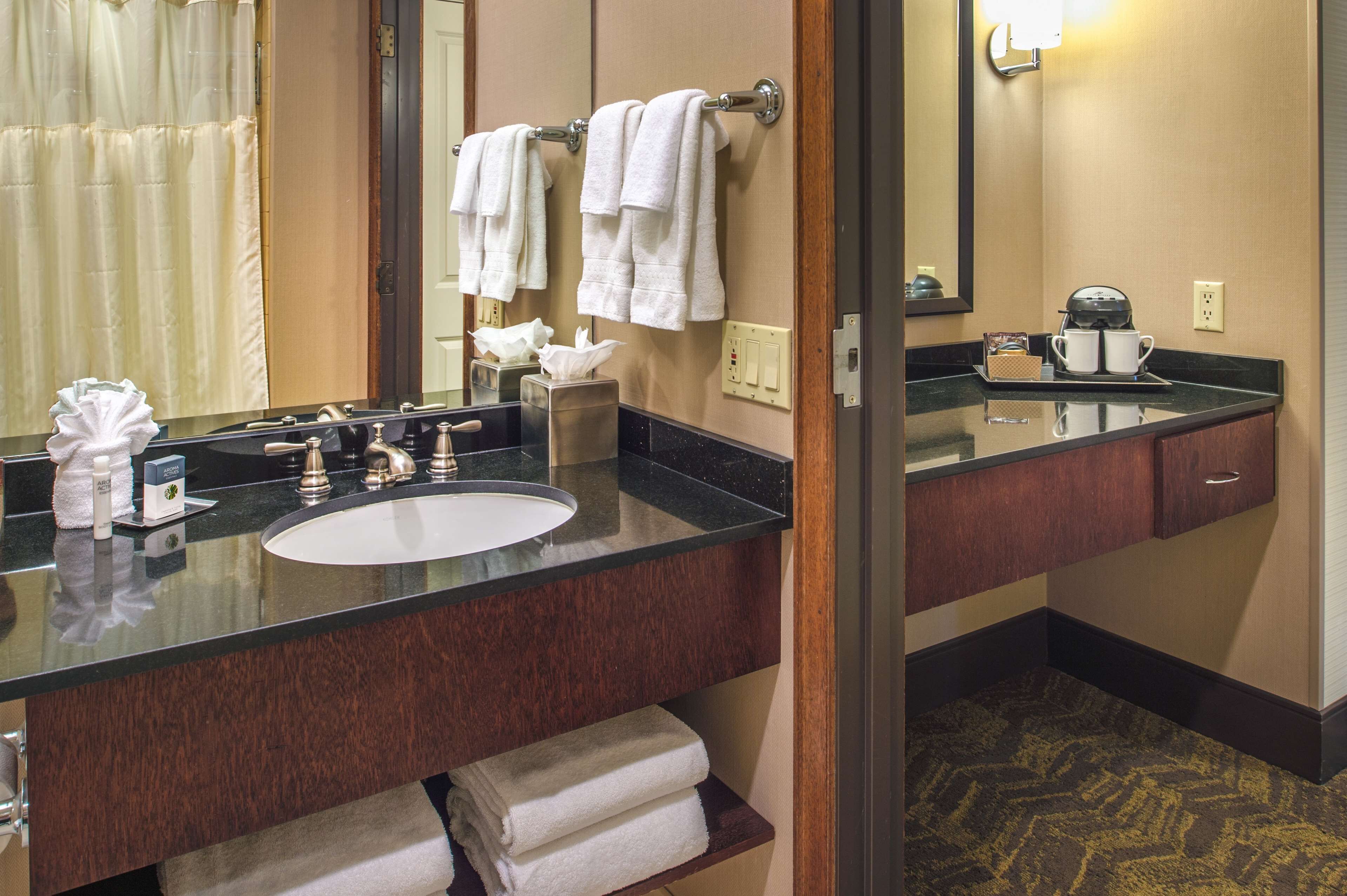 A hotel bathroom with a sink, mirror, towel rack, and toiletries.