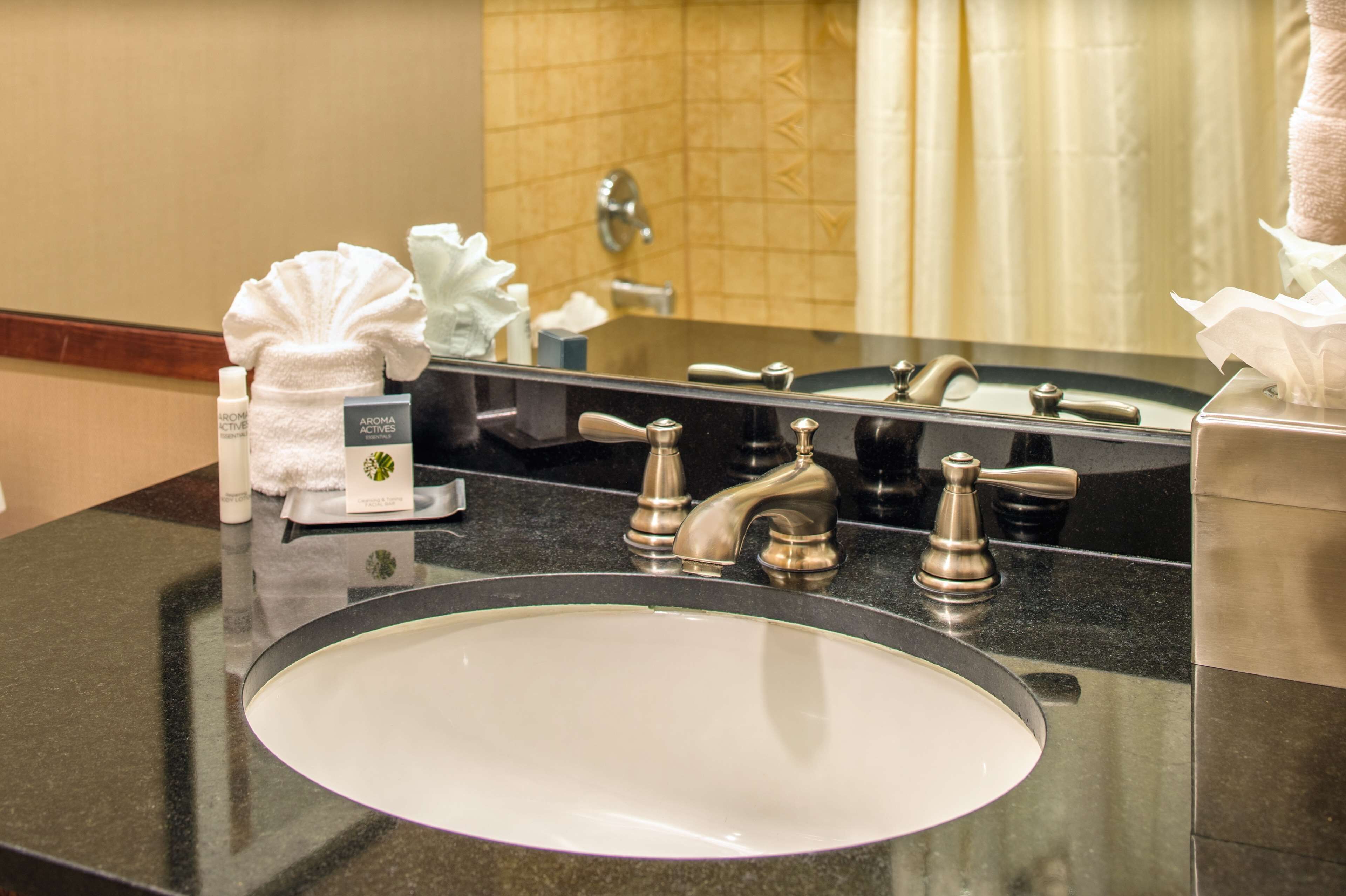 designer toiletries, hair dryer, towels