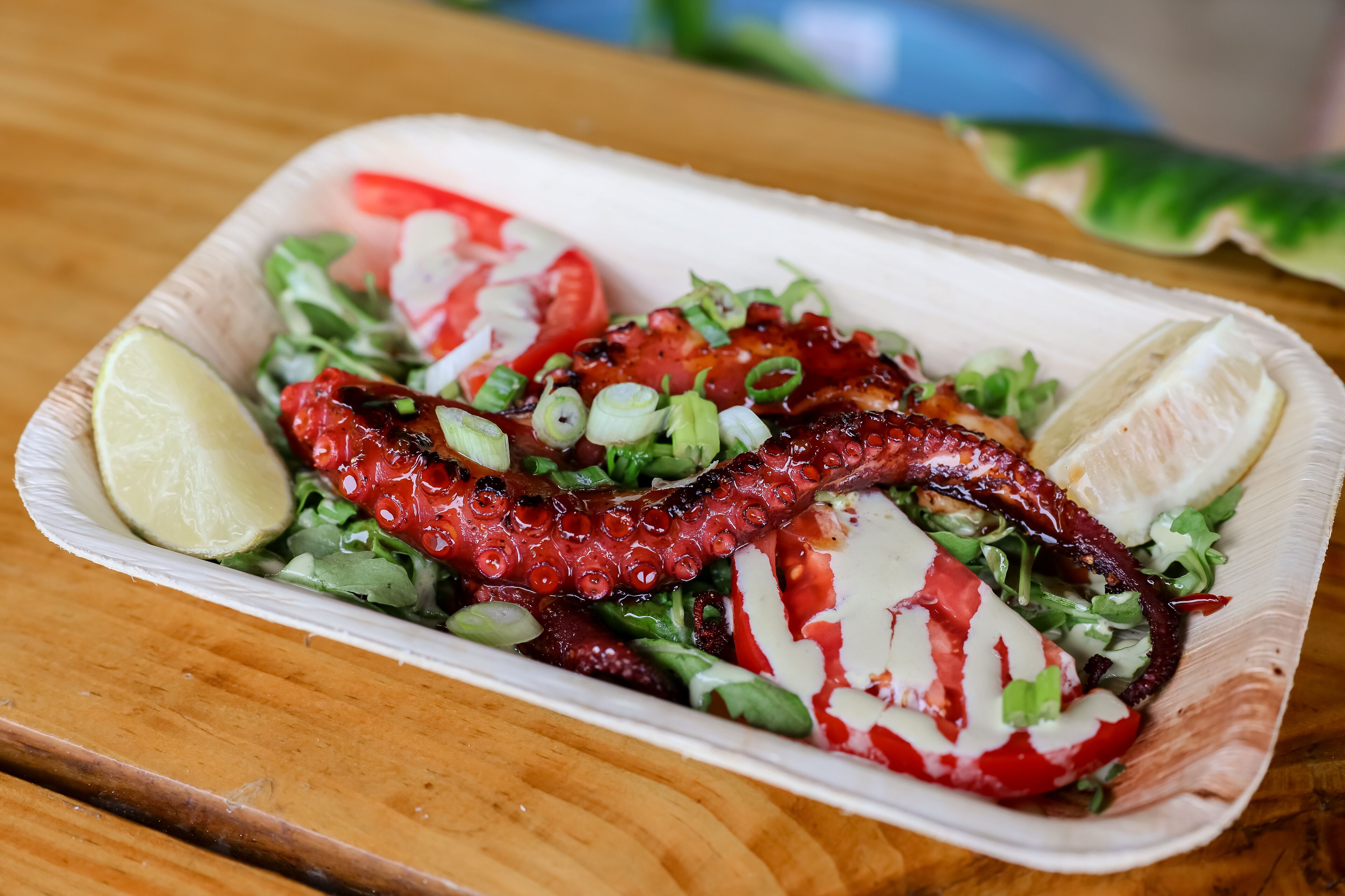 Un plat servi dans un récipient en papier, composé de poulpe grillé, de tomates, d’oignons verts et d’un quartier de citron vert.