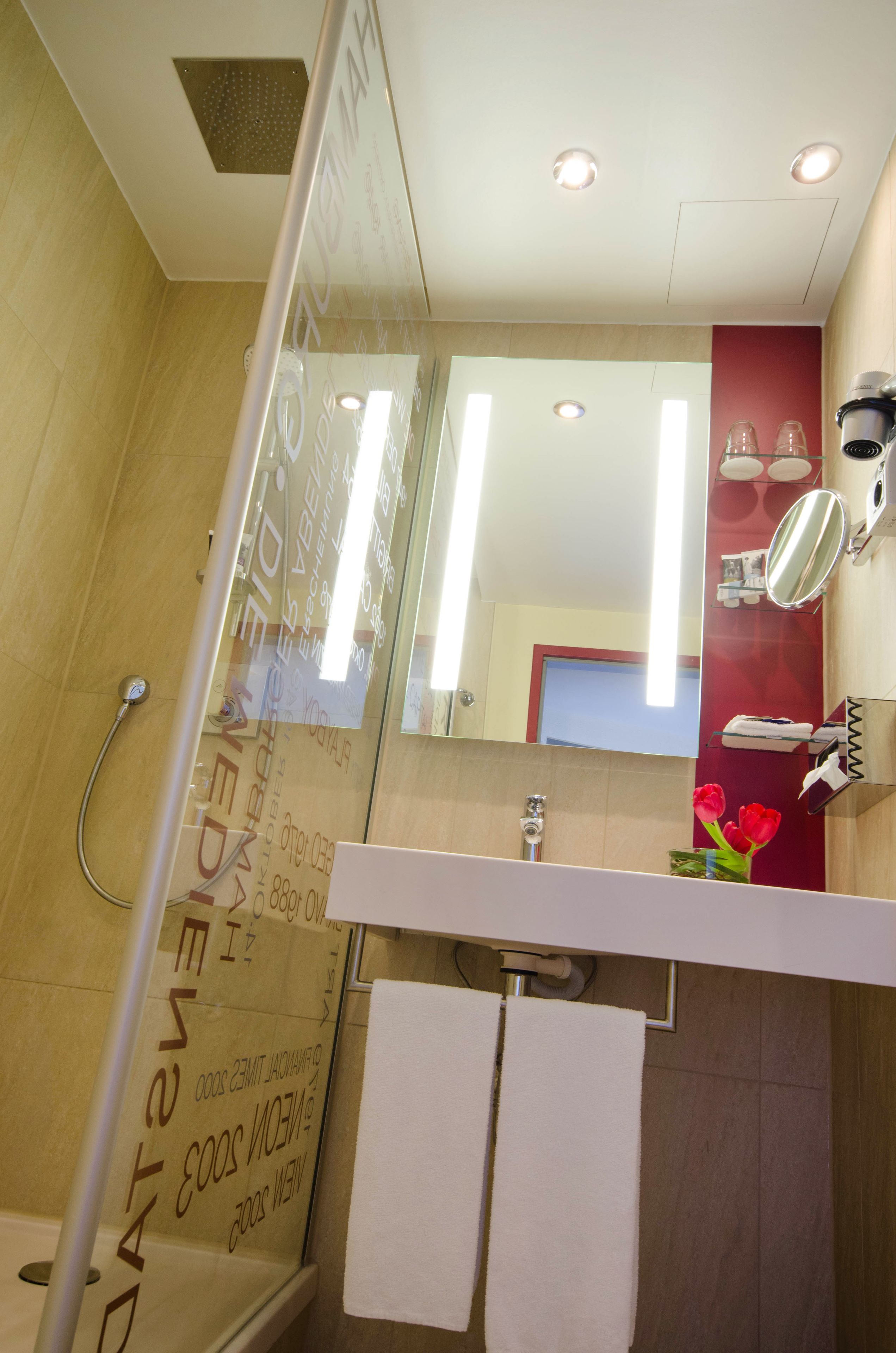 A modern bathroom with a glass shower enclosure, a vanity with a mirror, and a towel rack.