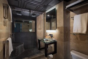 Een douche,  milieuvriendelijk toiletgerief, een haardroger, handdoeken