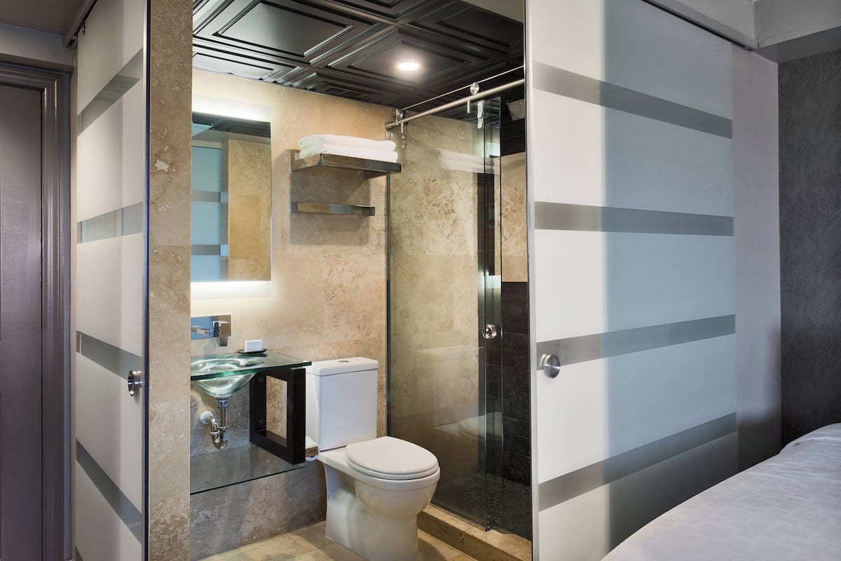 shower, eco-friendly toiletries, hair dryer, towels