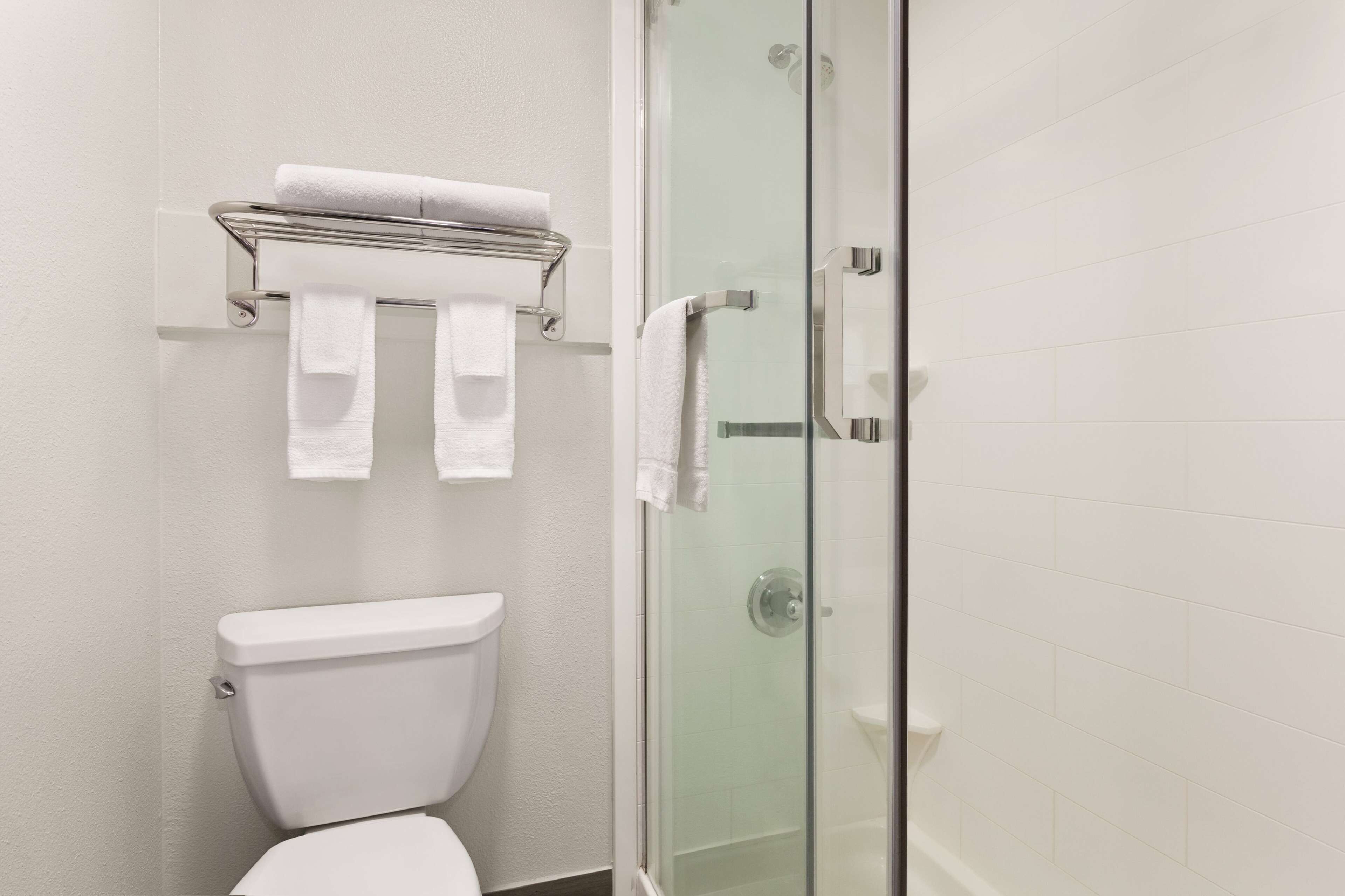 A bathroom with a toilet, a glass shower enclosure, and a towel rack with two towels.