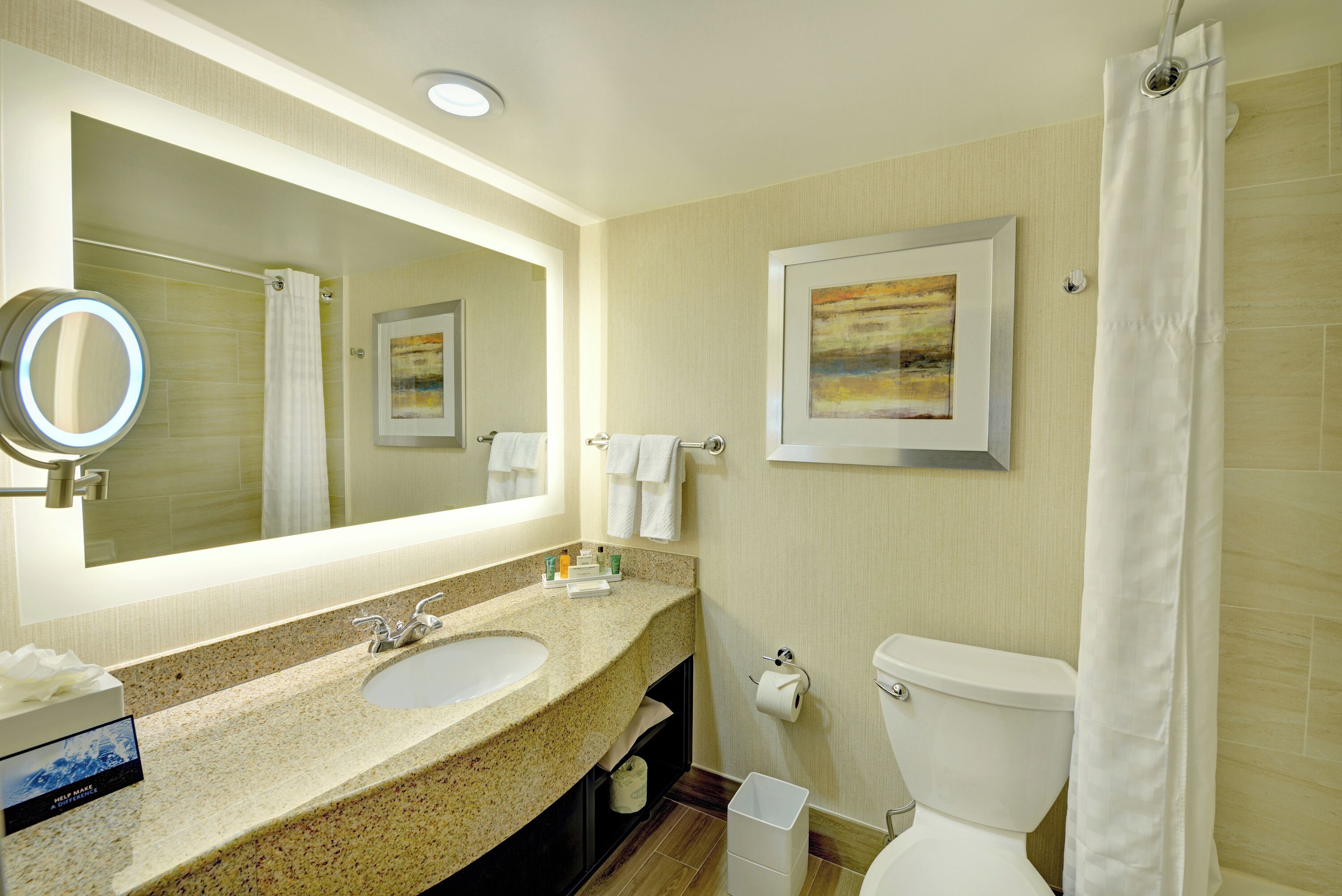 A bathroom with a sink, mirror, toilet, and shower curtain.