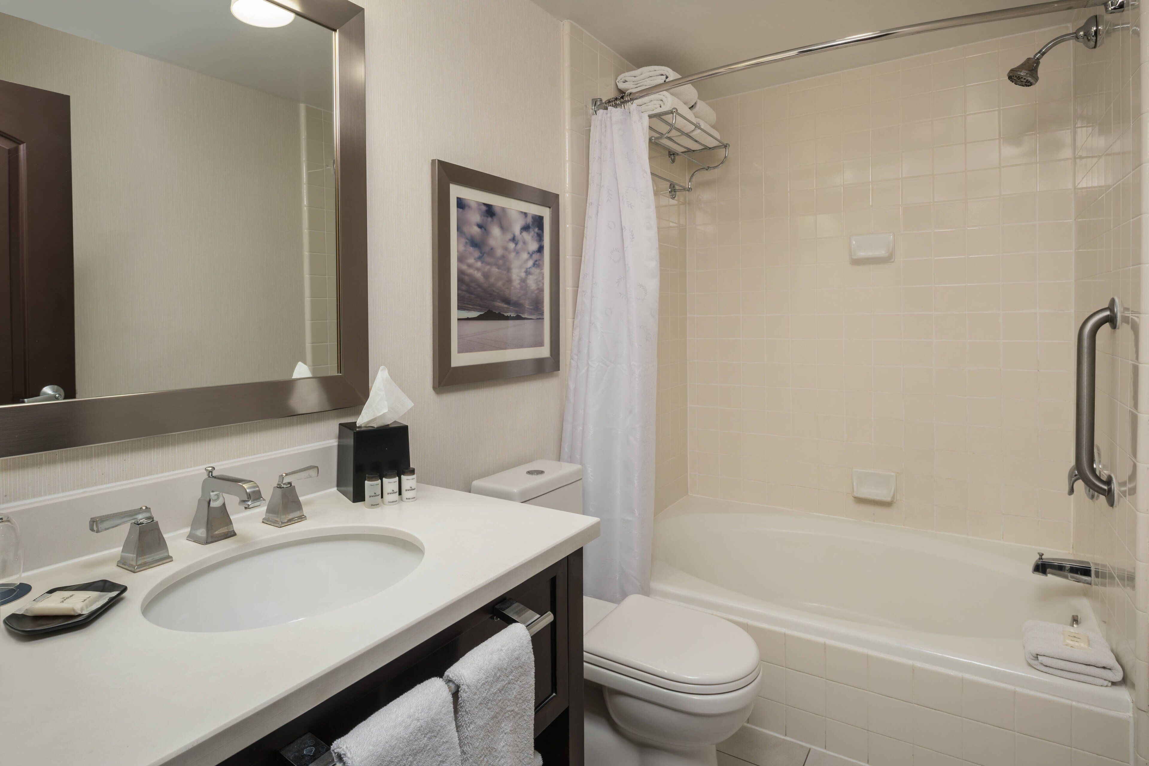 combined shower/bathtub, eco-friendly toiletries, hair dryer, towels