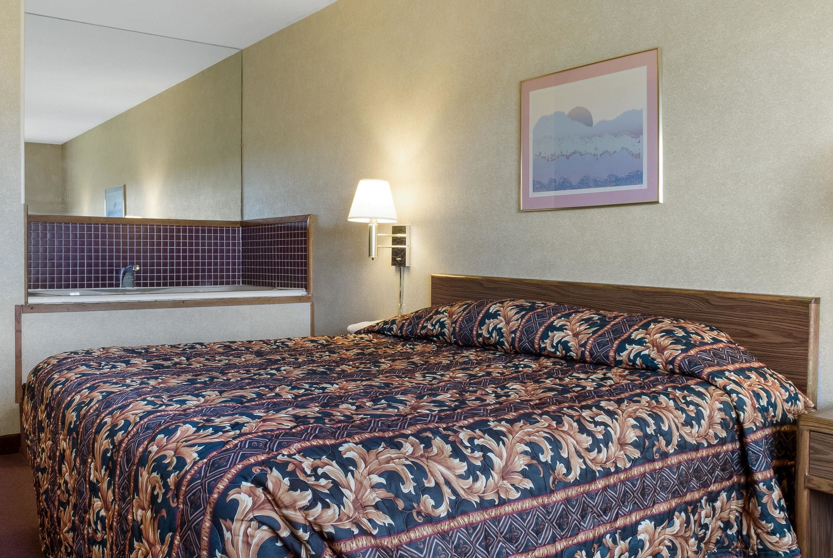 A hotel room with a large bed, a nightstand, a wall-mounted lamp, and a framed picture on the wall.