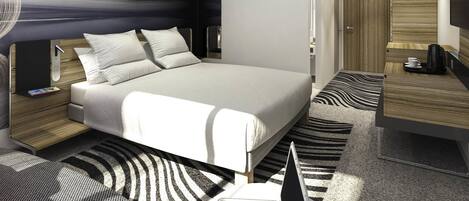 Een moderne hotelkamer met een groot bed, nachtkastjes, een bureau en een flatscreen-televisie.